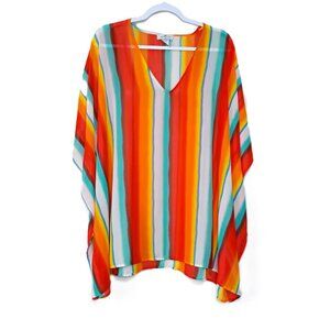 NWT Palms Away Orange Striped Dolman Swim Cover-Up M Beach Vacation Colorful